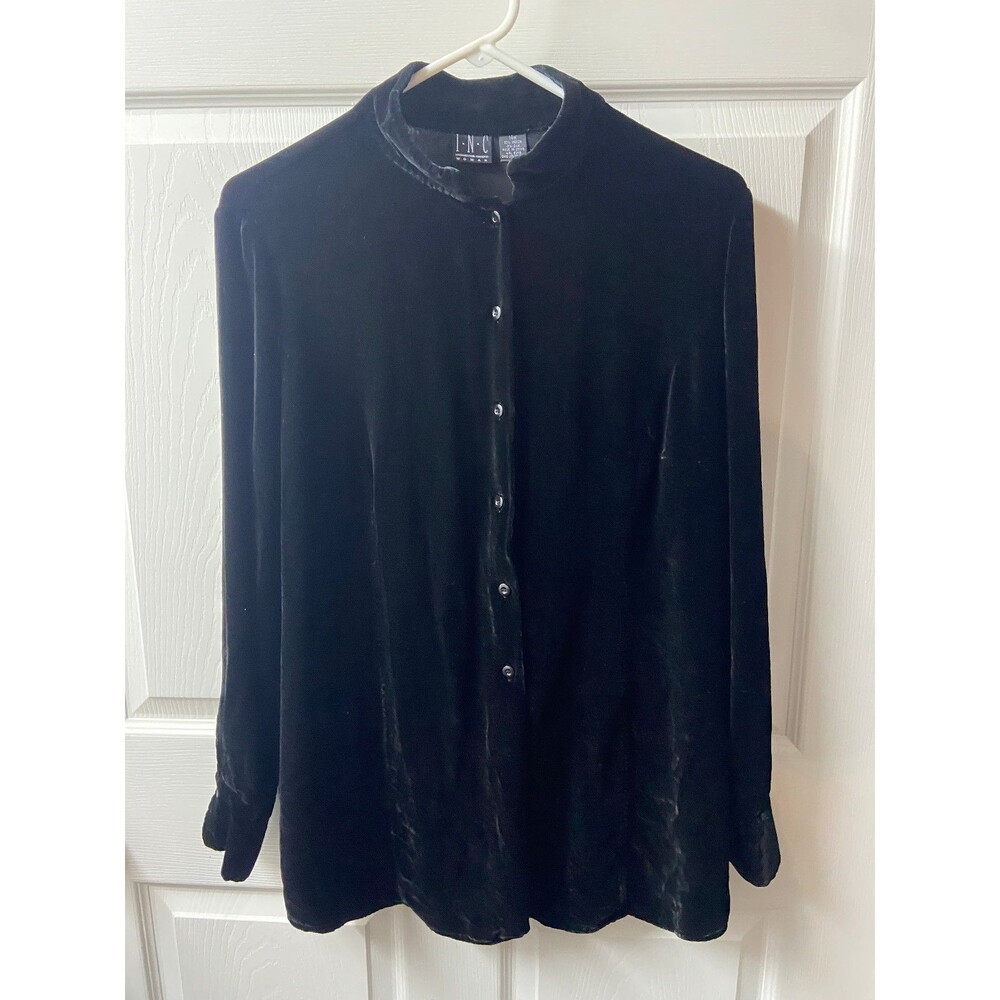 Inc Woman Velvet Button Up Blouse Womens Plus 14W Black Long Sleeved